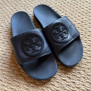 Tory Burch Navy Slide Sandals with Iconic Logo
